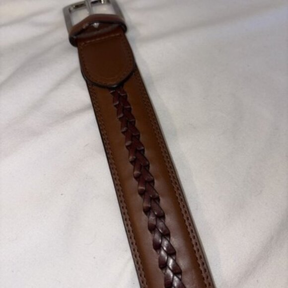 Coated Leather Dress Belt Men’s Sz 40-42” Brown Silver Buckle Inlay Braid - Picture 3 of 5